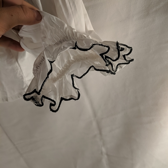 ZARA Embroidered Floral White Dress Shirt Button-up Peasant small s black collar - Picture 10 of 15